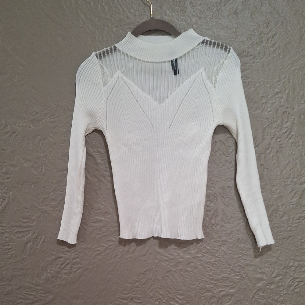 Top Secret White Ribbed Blouse with Sheer Details One Size